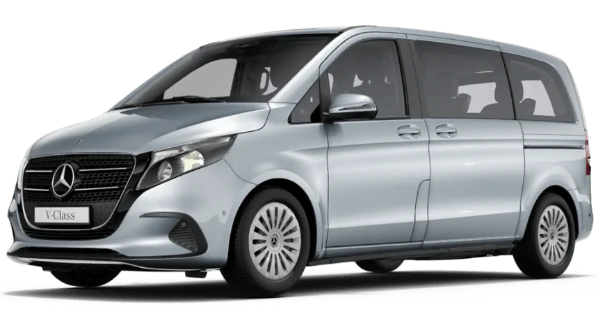 Mercedes V Class strieborný prémiový minivan pre 1-8 pasažierov, luxusný transfer pre náročnú klientelu a biznis cestujúcich