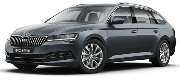 Škoda Superb Kombi tmavosivej farby, priestranné kombi pre 1-4 pasažierov s možnosťou prepravy väčšej batožiny