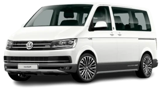 Volkswagen Caravelle biely minibus pre 1-8 pasažierov, ideálny pre skupinové transfery a prepravu väčších skupín